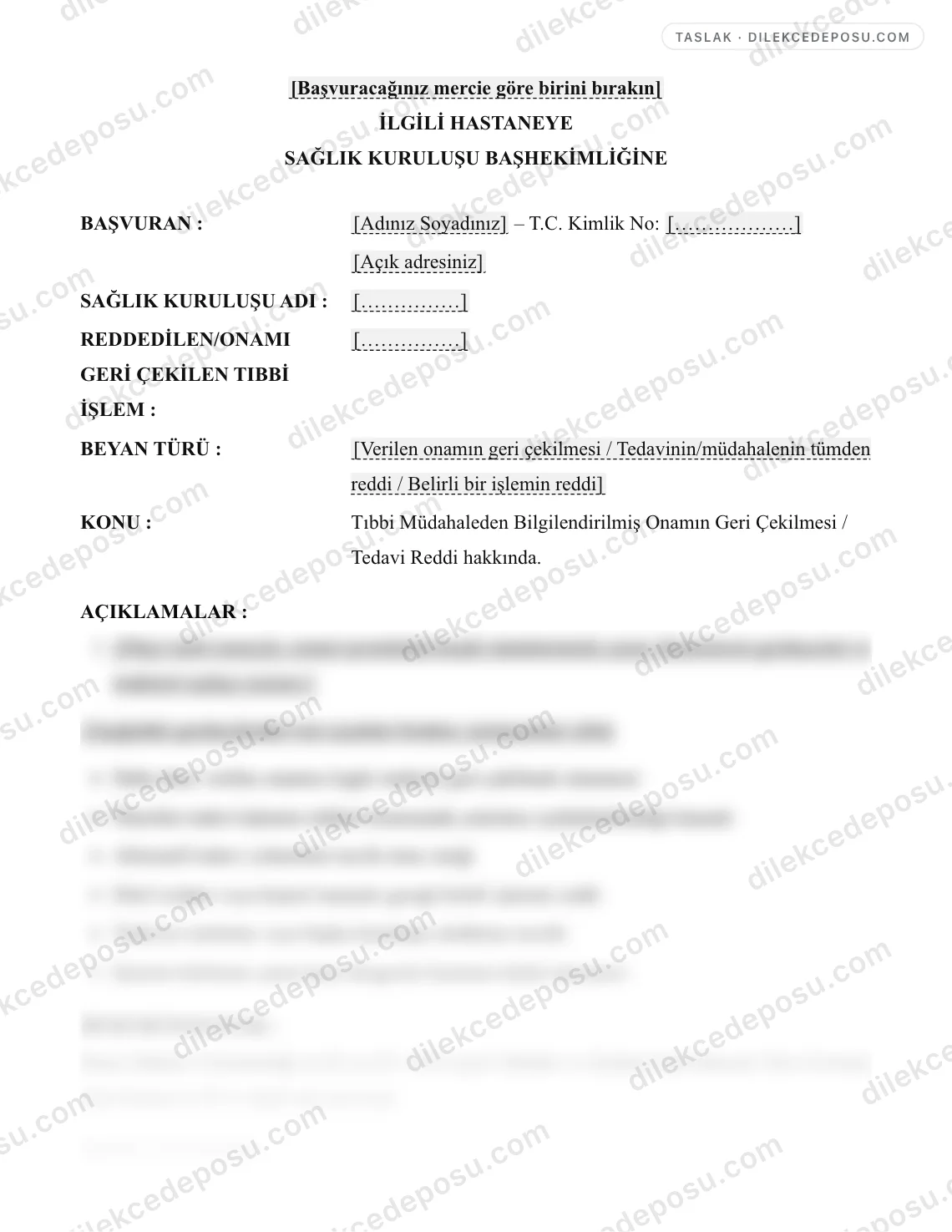 Tıbbi Müdahaleden Bilgilendirilmiş Onamın Geri Çekilmesi / Tedavi Reddi Dilekçesi Örneği – taslağın ilk bölümünün önizlemesi