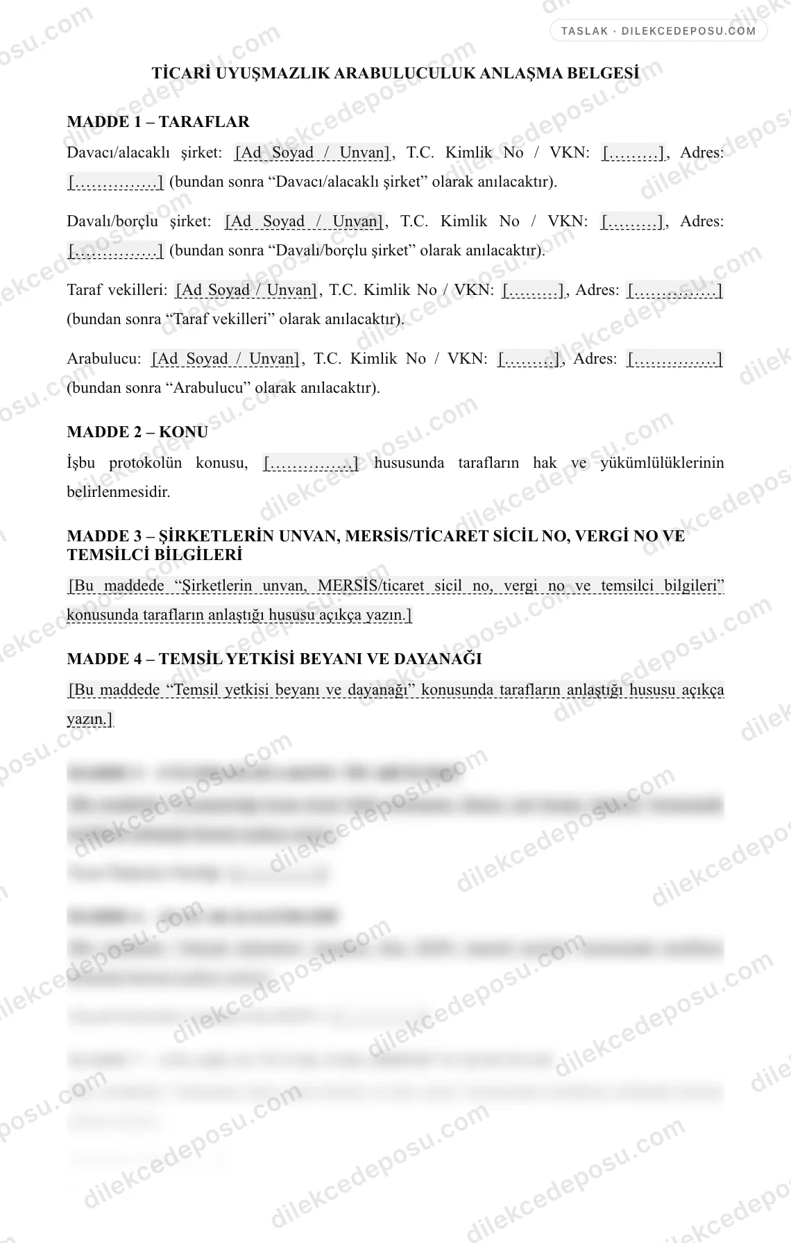 Ticari Uyuşmazlık Arabuluculuk Anlaşma Belgesi Örneği – taslağın ilk bölümünün önizlemesi