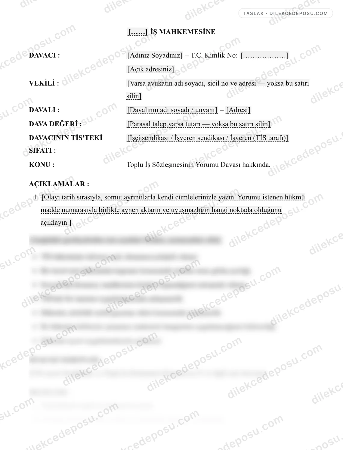 Toplu İş Sözleşmesinin Yorumu Davası Örneği – taslağın ilk bölümünün önizlemesi