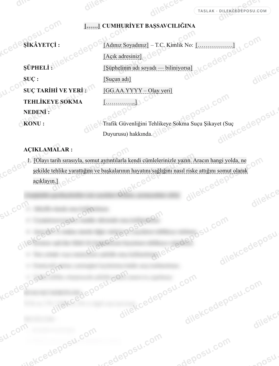Trafik Güvenliğini Tehlikeye Sokma Suçu Şikayet (Suç Duyurusu) Dilekçesi Örneği – taslağın ilk bölümünün önizlemesi