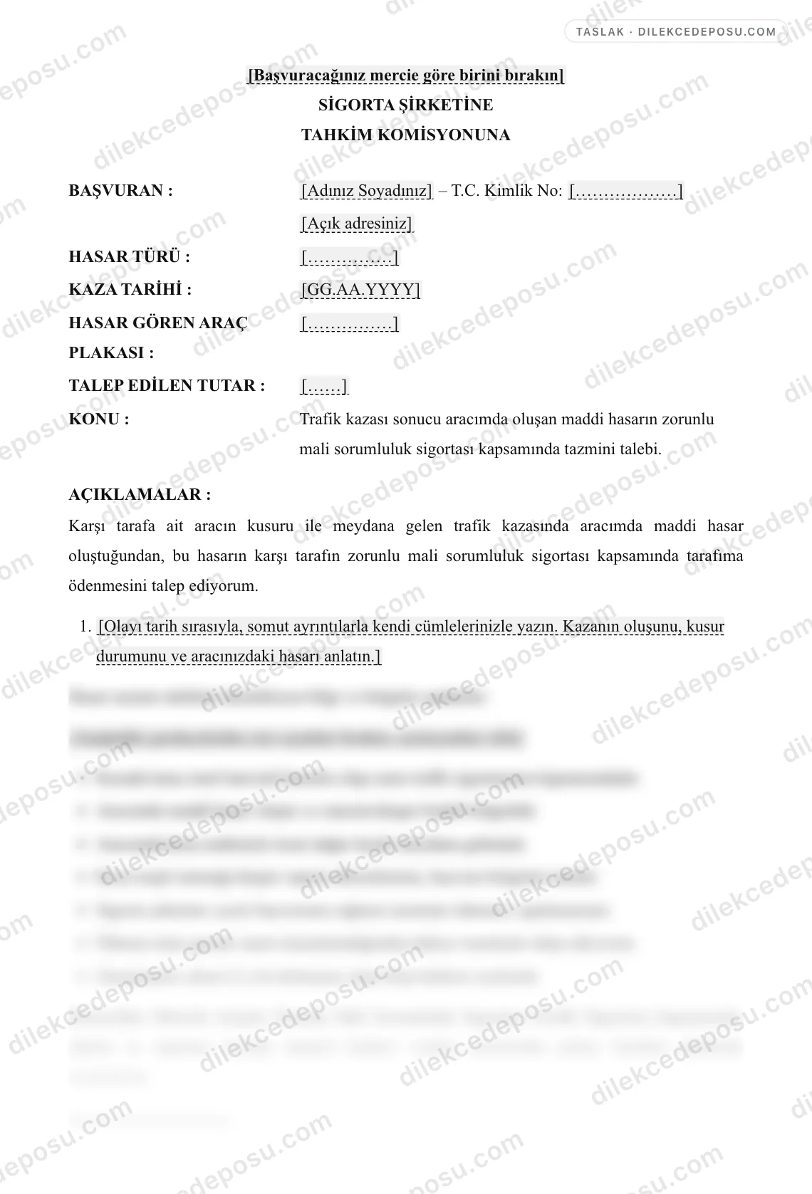 Trafik Sigorta Hasar Talep Dilekçesi Örneği – taslağın ilk bölümünün önizlemesi