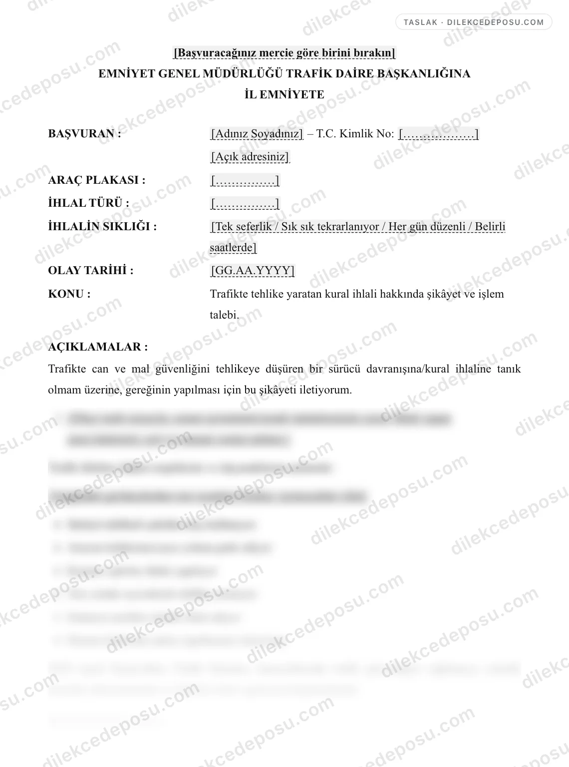Trafik Şikayet Dilekçesi Örneği – taslağın ilk bölümünün önizlemesi