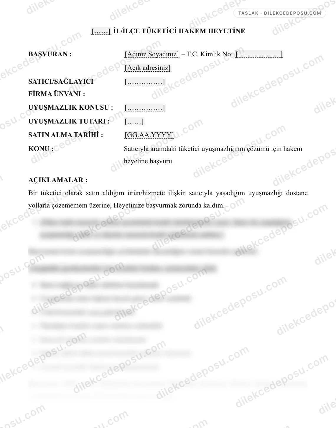 Tüketici Hakem Heyeti Başvuru Dilekçesi Örneği – taslağın ilk bölümünün önizlemesi