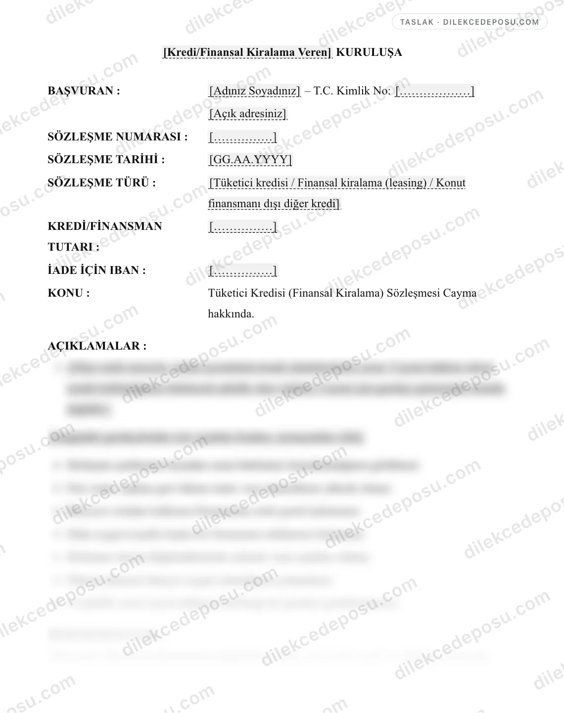 Tüketici Kredisi (Finansal Kiralama) Sözleşmesi Cayma Dilekçesi Örneği – taslağın ilk bölümünün önizlemesi