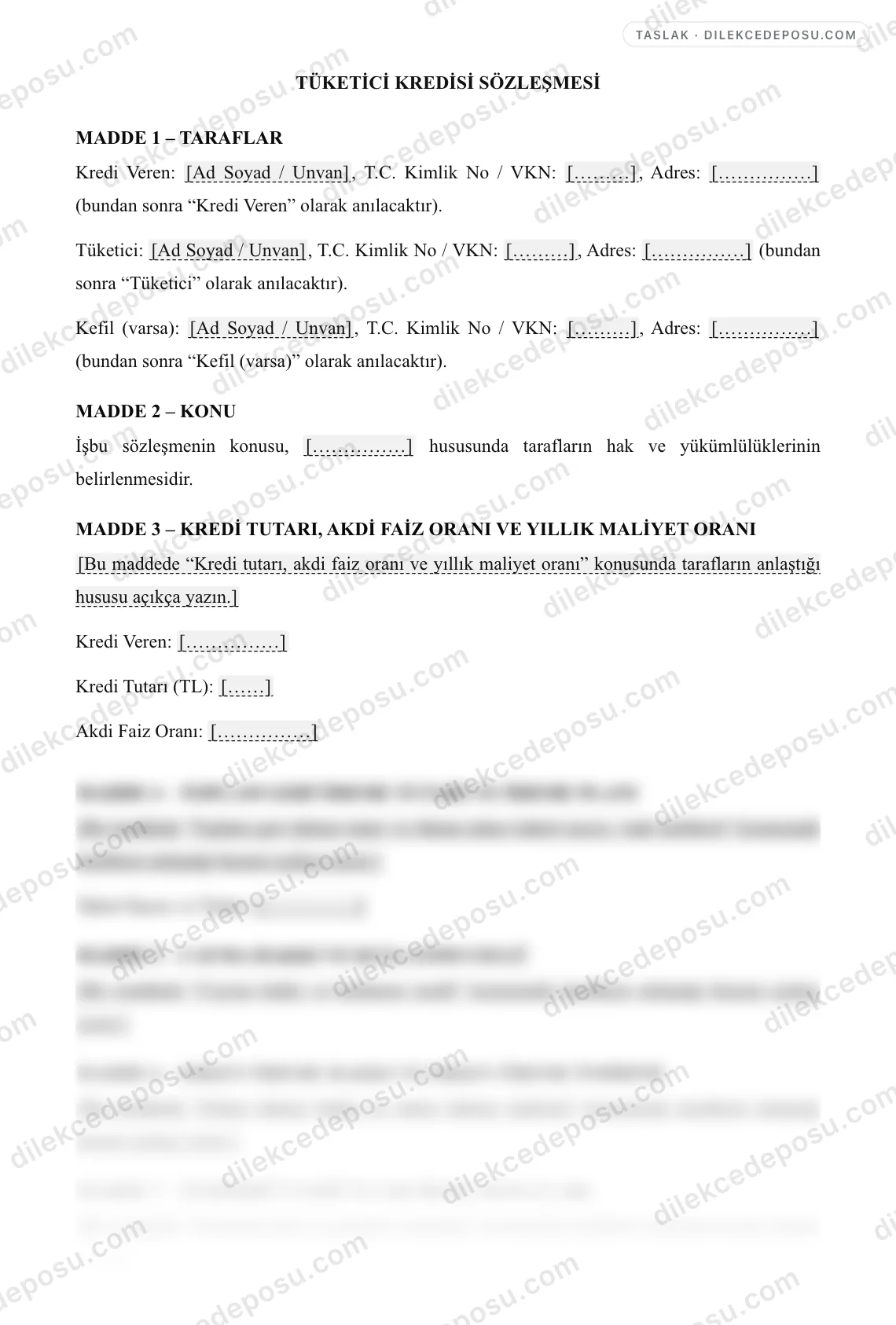 Tüketici Kredisi Sözleşmesi Örneği – taslağın ilk bölümünün önizlemesi