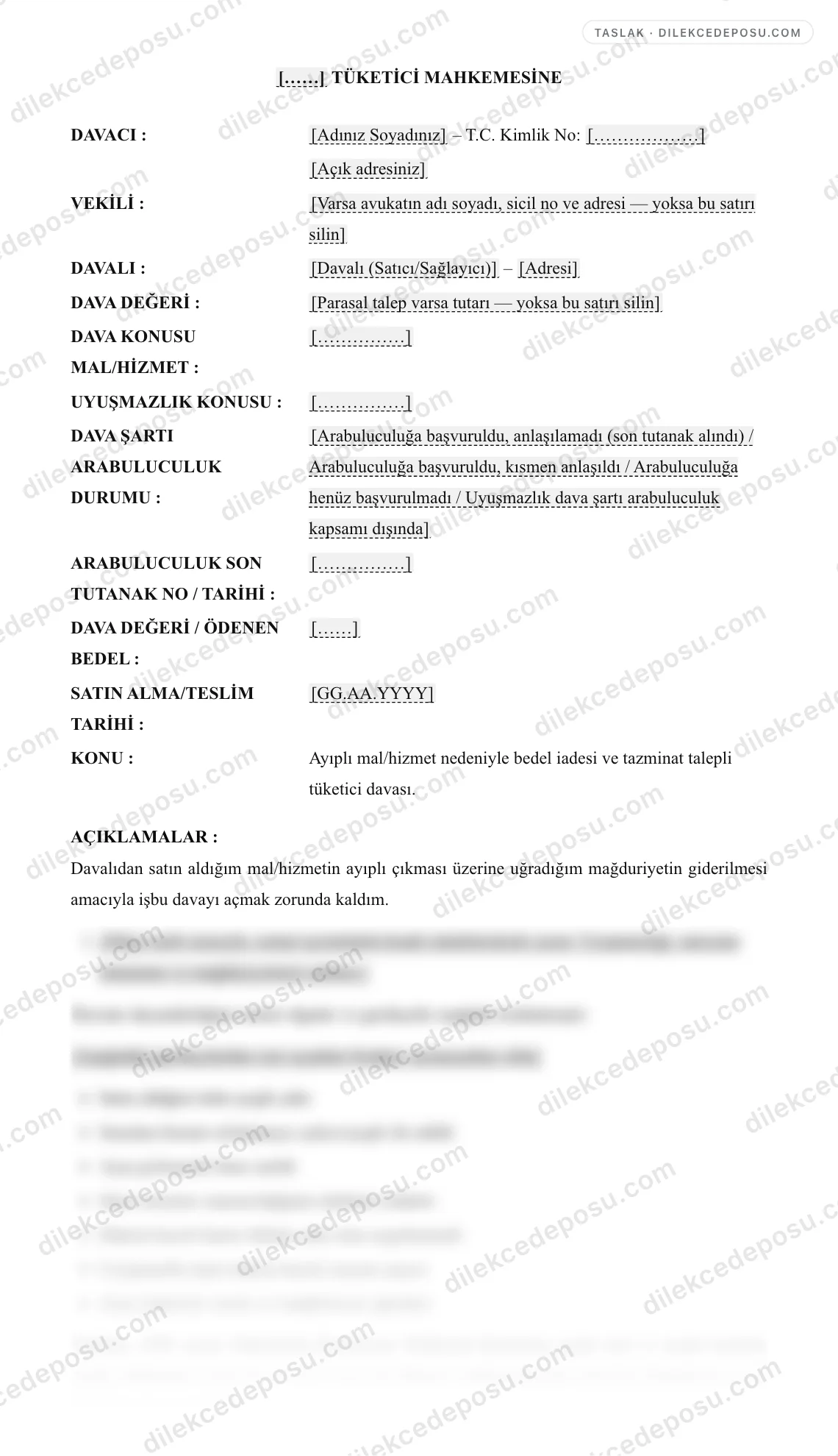 Tüketici Mahkemesi Davası Örneği – taslağın ilk bölümünün önizlemesi