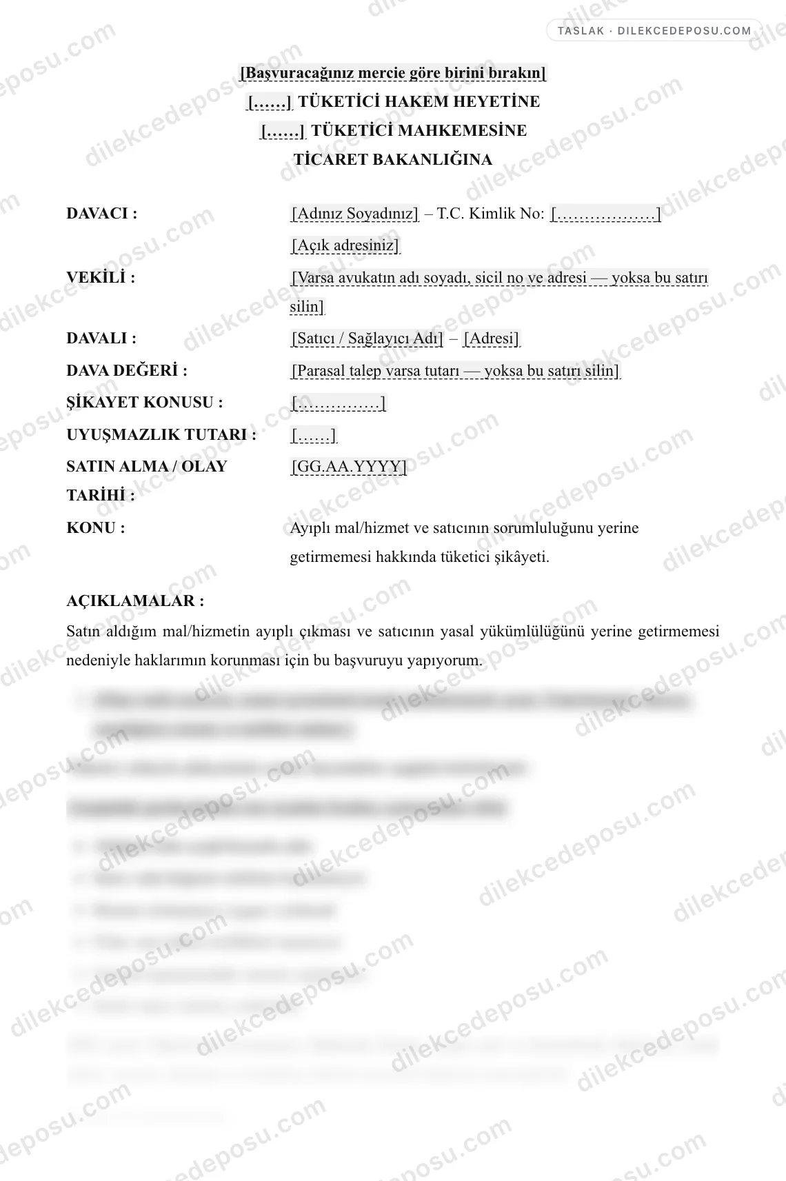 Tüketici Şikayet Dilekçesi Örneği – taslağın ilk bölümünün önizlemesi
