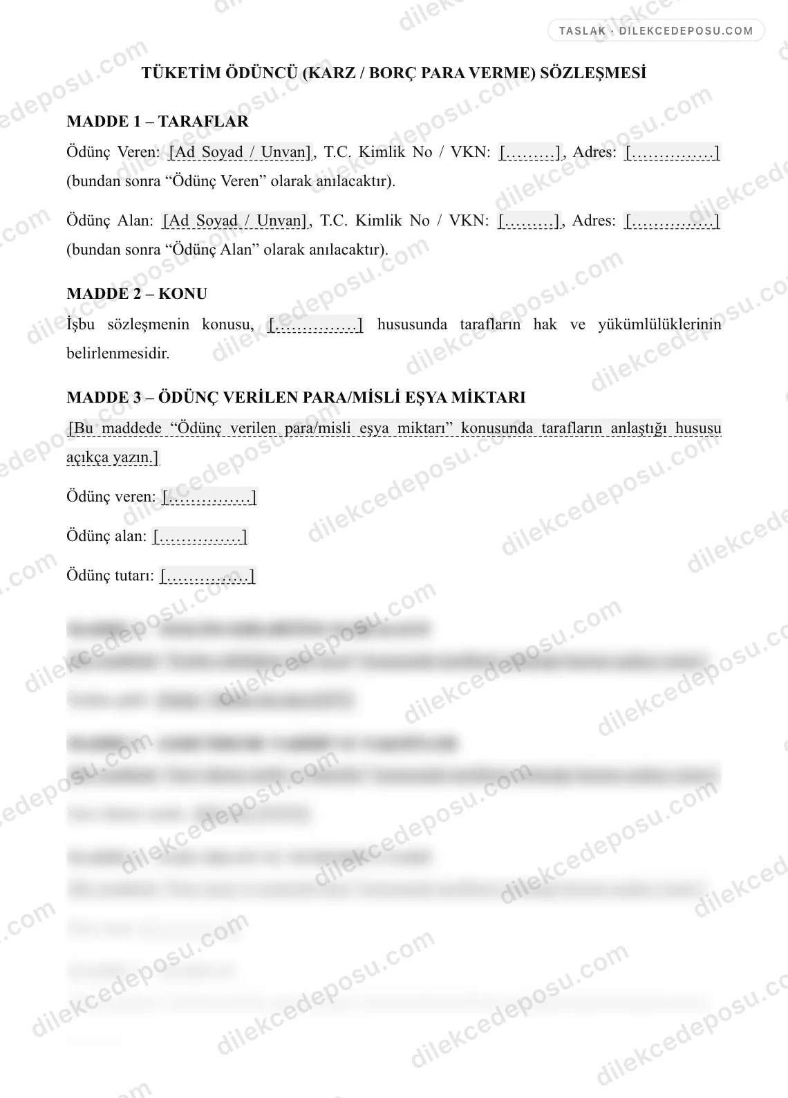 Tüketim Ödüncü (Karz / Borç Para Verme) Sözleşmesi Örneği – taslağın ilk bölümünün önizlemesi