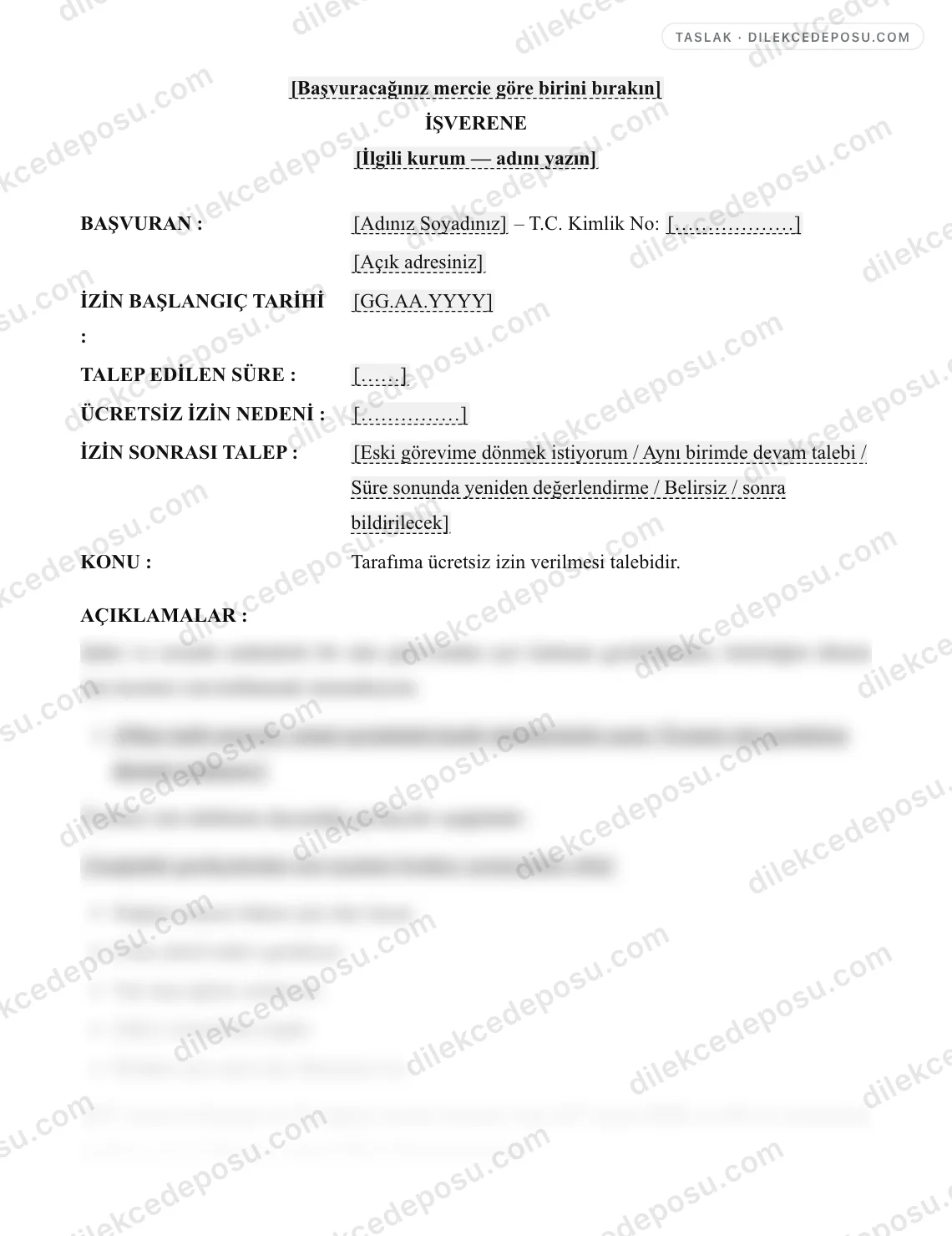 Ücretsiz İzin Talep Dilekçesi Örneği – taslağın ilk bölümünün önizlemesi
