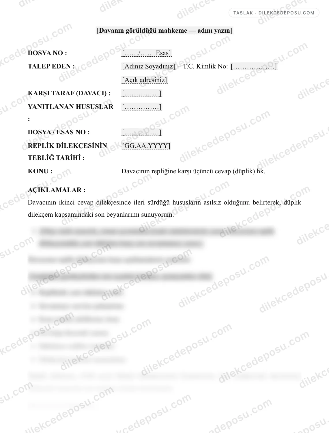 Üçüncü Cevap (Düplik) Dilekçesi Örneği – taslağın ilk bölümünün önizlemesi