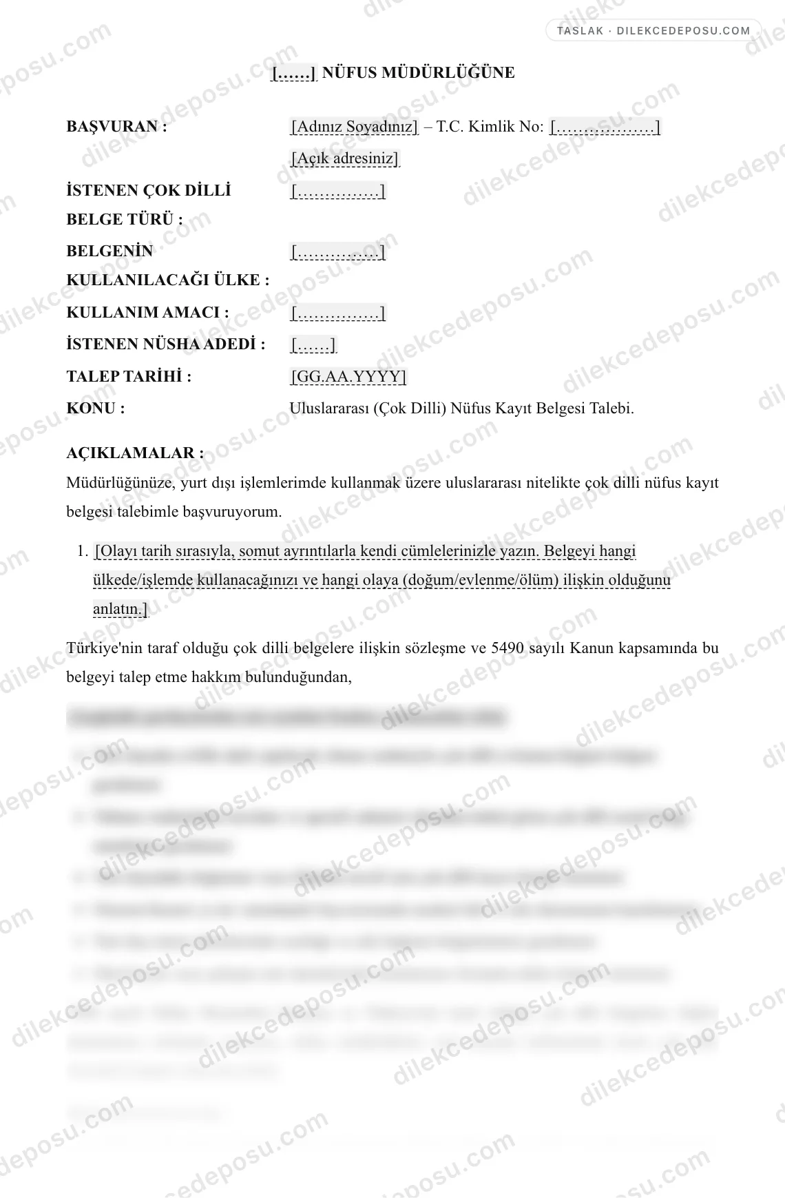 Uluslararası (Çok Dilli) Nüfus Kayıt Belgesi Talep Dilekçesi Örneği – taslağın ilk bölümünün önizlemesi