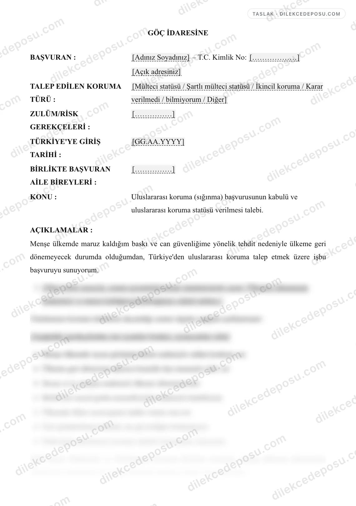 Uluslararası Koruma (Sığınma) Başvurusu Örneği – taslağın ilk bölümünün önizlemesi