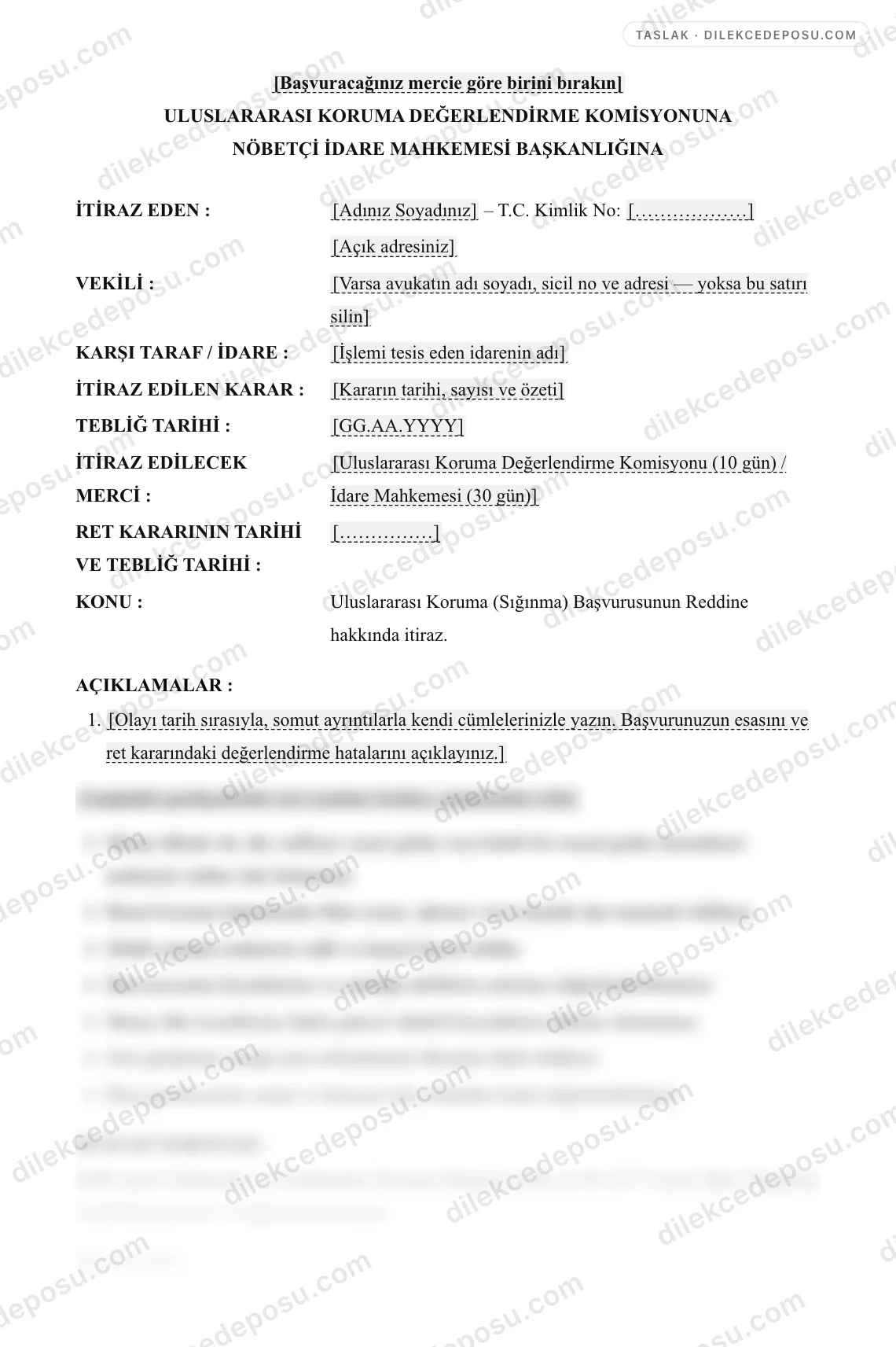 Uluslararası Koruma (Sığınma) Başvurusunun Reddine İtiraz Dilekçesi Örneği – taslağın ilk bölümünün önizlemesi