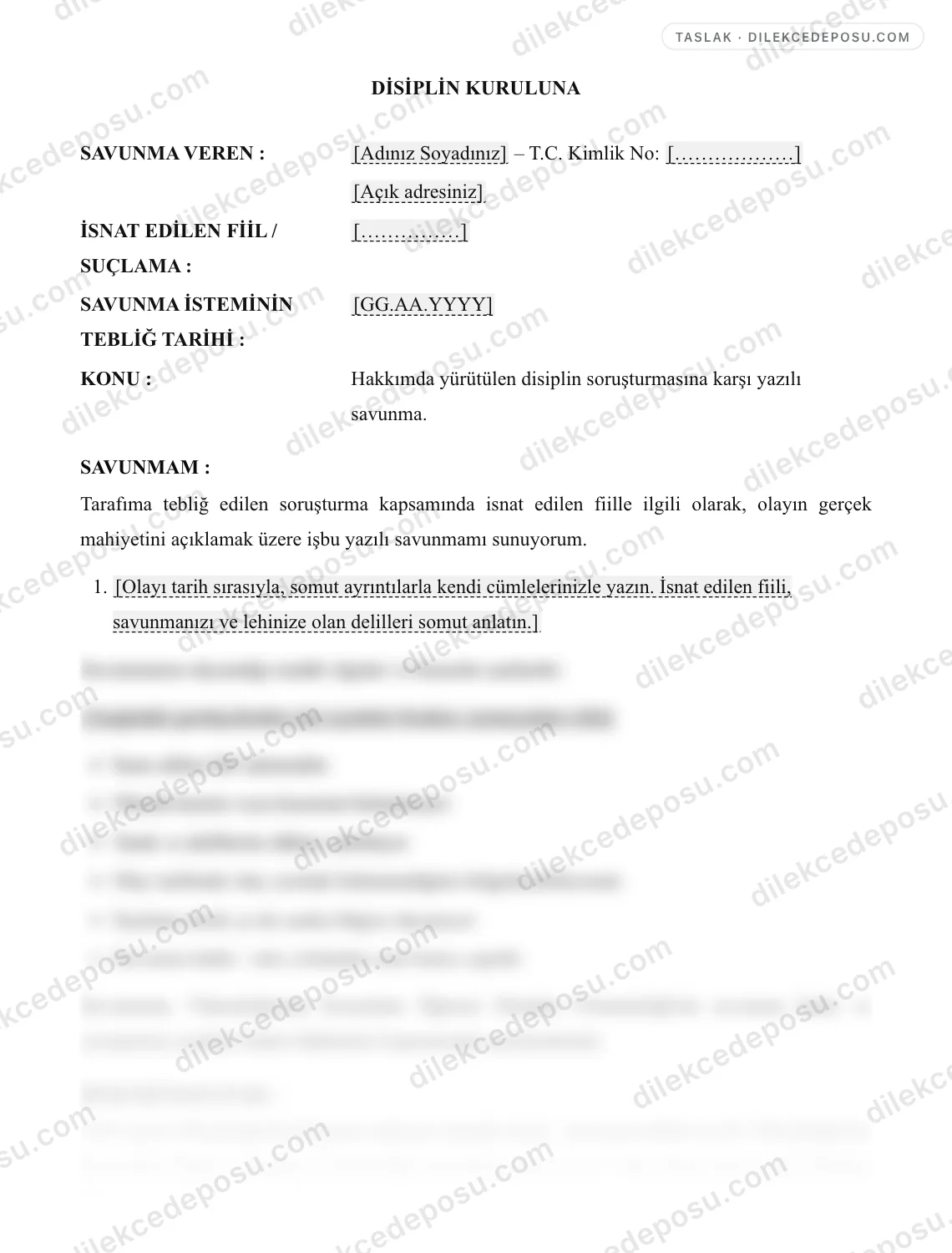 Üniversite Disiplin Savunma Dilekçesi Örneği – taslağın ilk bölümünün önizlemesi