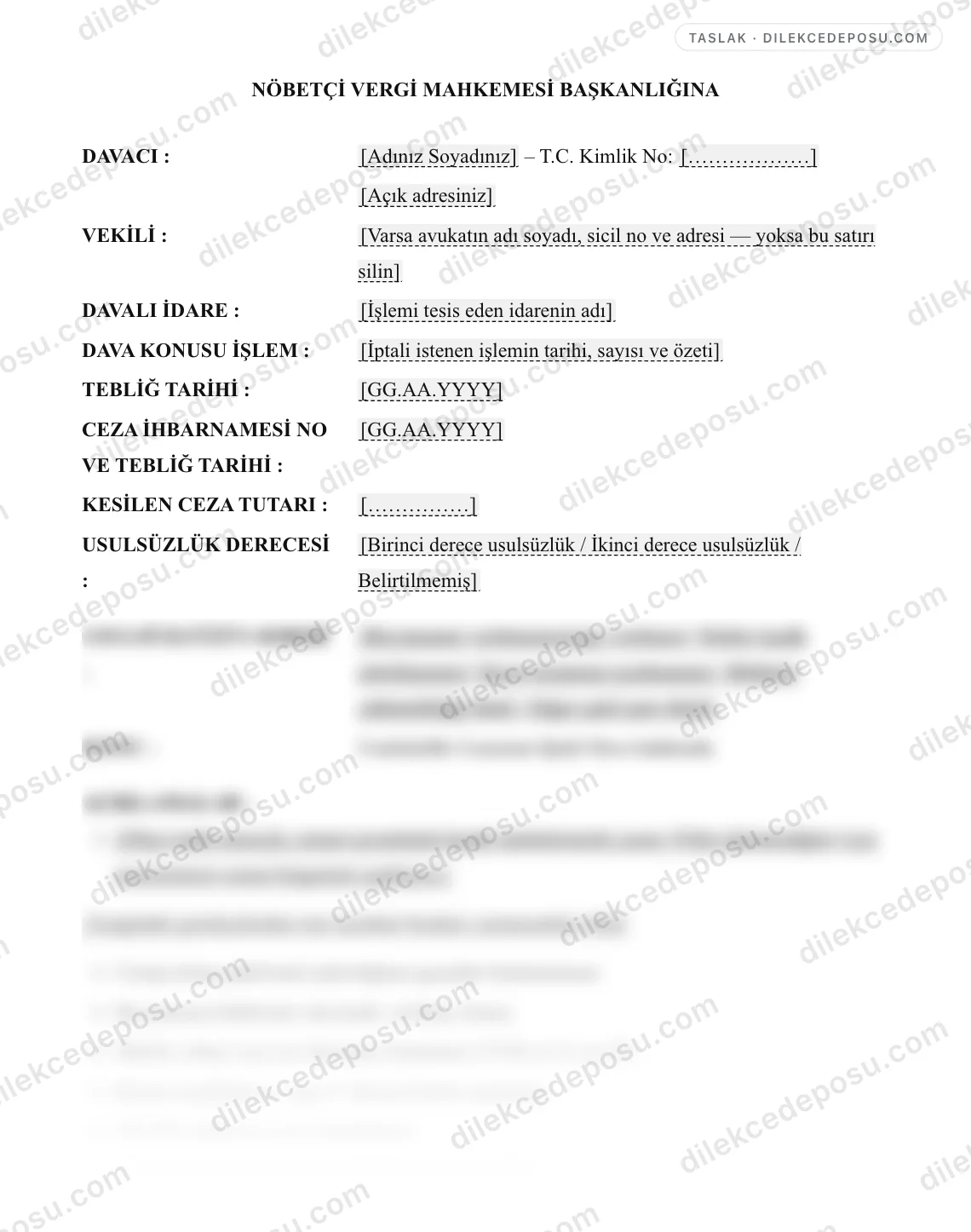 Usulsüzlük Cezasının İptali Dava Dilekçesi Örneği – taslağın ilk bölümünün önizlemesi