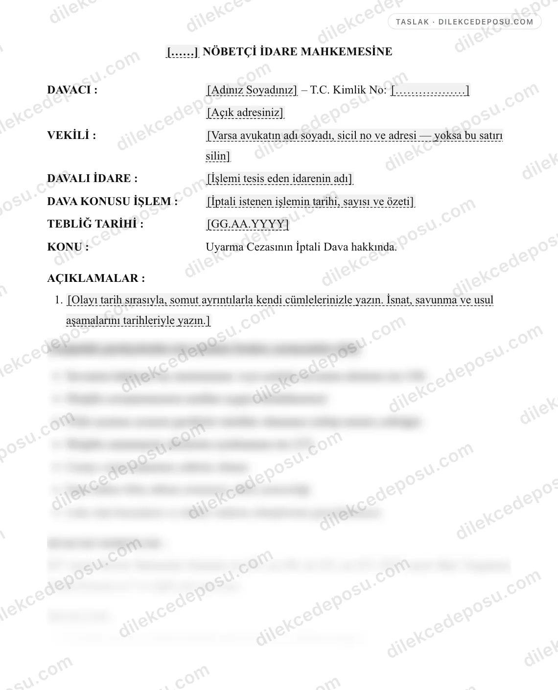 Uyarma Cezasının İptali Dava Dilekçesi (657) Örneği – taslağın ilk bölümünün önizlemesi