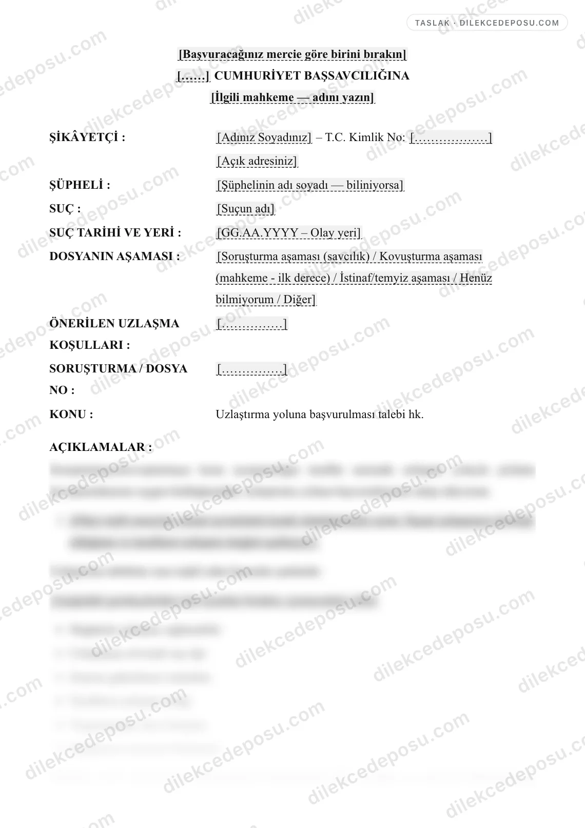 Uzlaştırma Talebi Dilekçesi (CMK) Örneği – taslağın ilk bölümünün önizlemesi