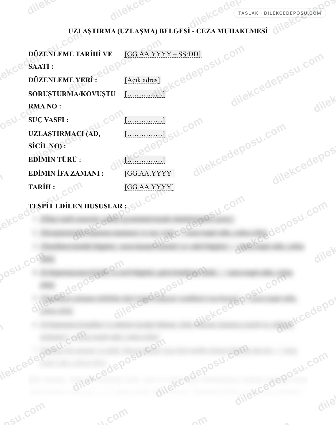 Uzlaştırma (Uzlaşma) Belgesi - Ceza Muhakemesi Örneği – taslağın ilk bölümünün önizlemesi