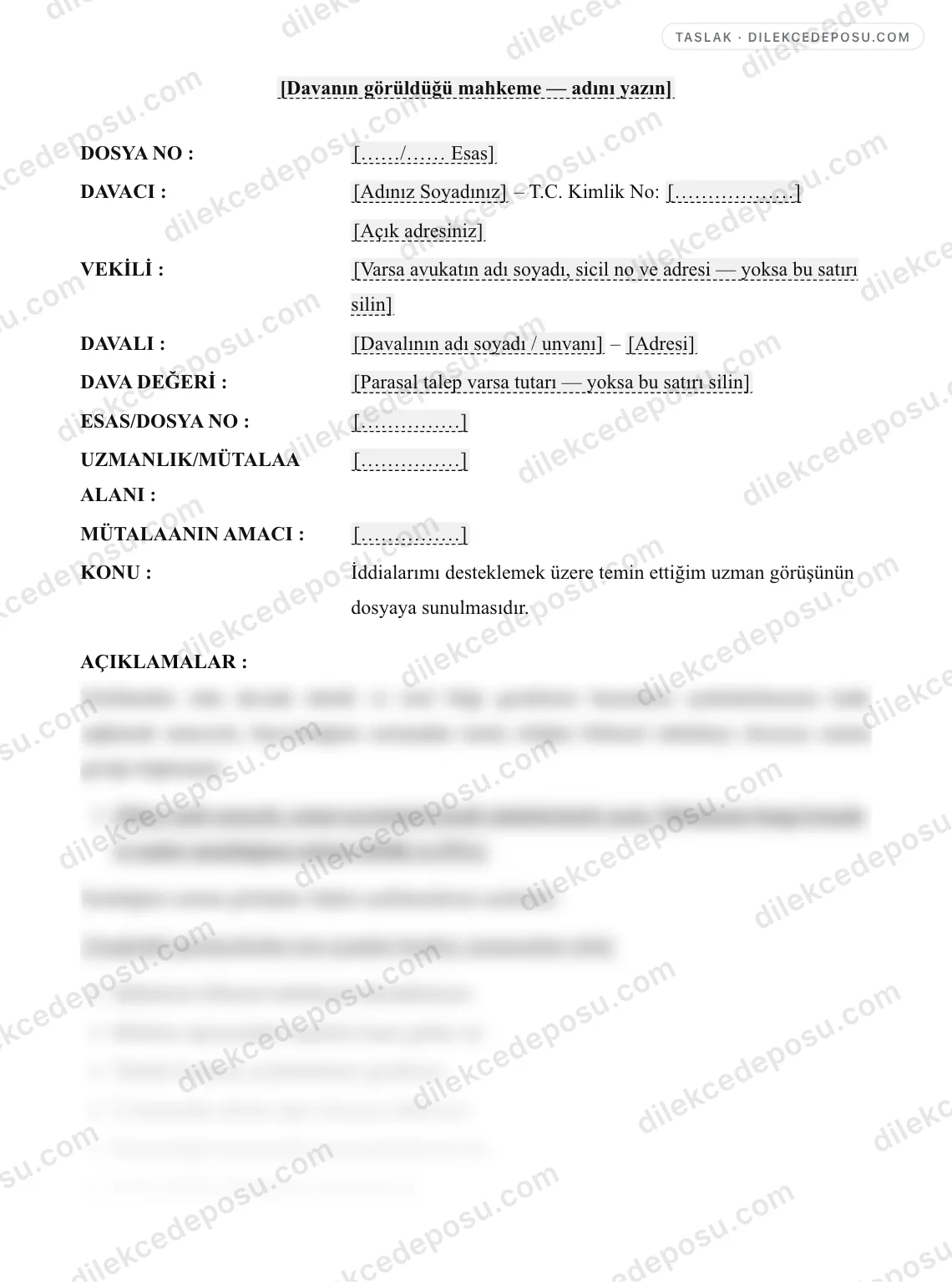 Uzman Görüşü (Mütalaası) Sunma Dilekçesi Örneği – taslağın ilk bölümünün önizlemesi