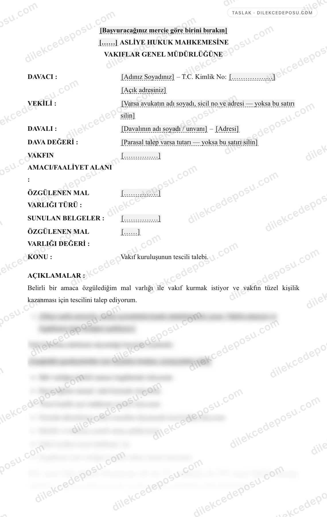Vakıf Kuruluş Başvurusu Örneği – taslağın ilk bölümünün önizlemesi
