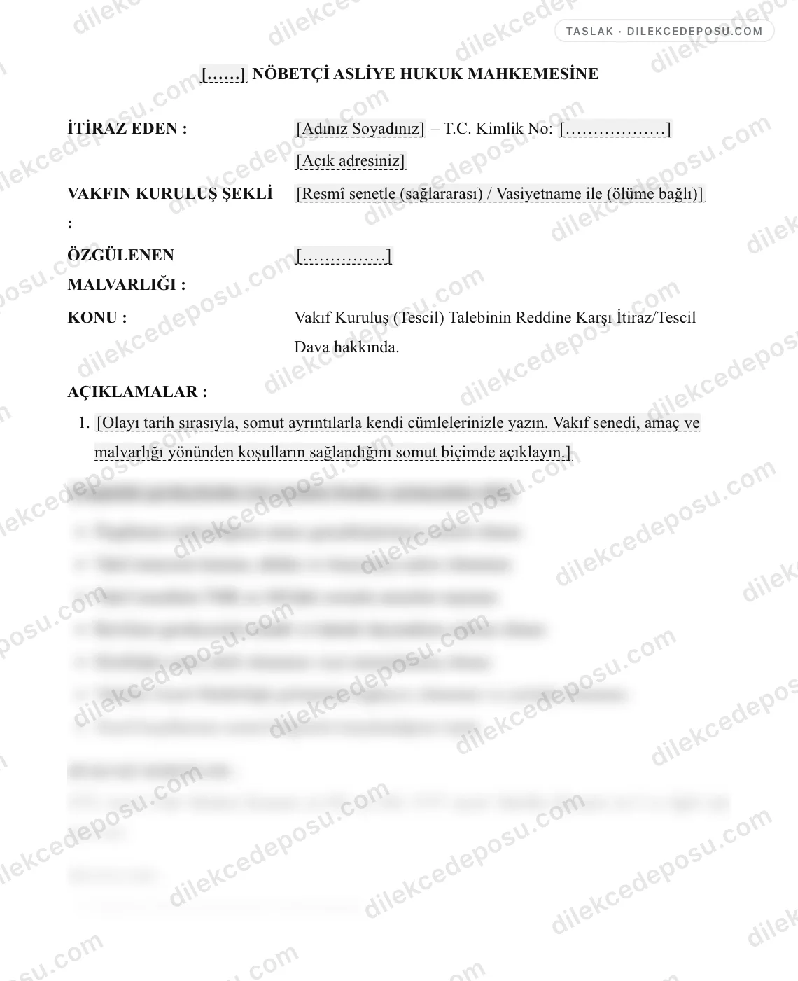 Vakıf Kuruluş (Tescil) Talebinin Reddine Karşı İtiraz/Tescil Dava Dilekçesi Örneği – taslağın ilk bölümünün önizlemesi