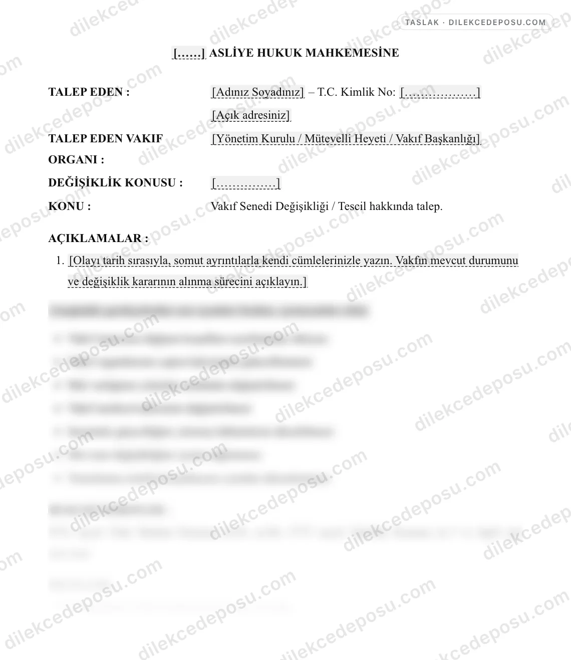 Vakıf Senedi Değişikliği / Tescil Talebi Dilekçesi Örneği – taslağın ilk bölümünün önizlemesi