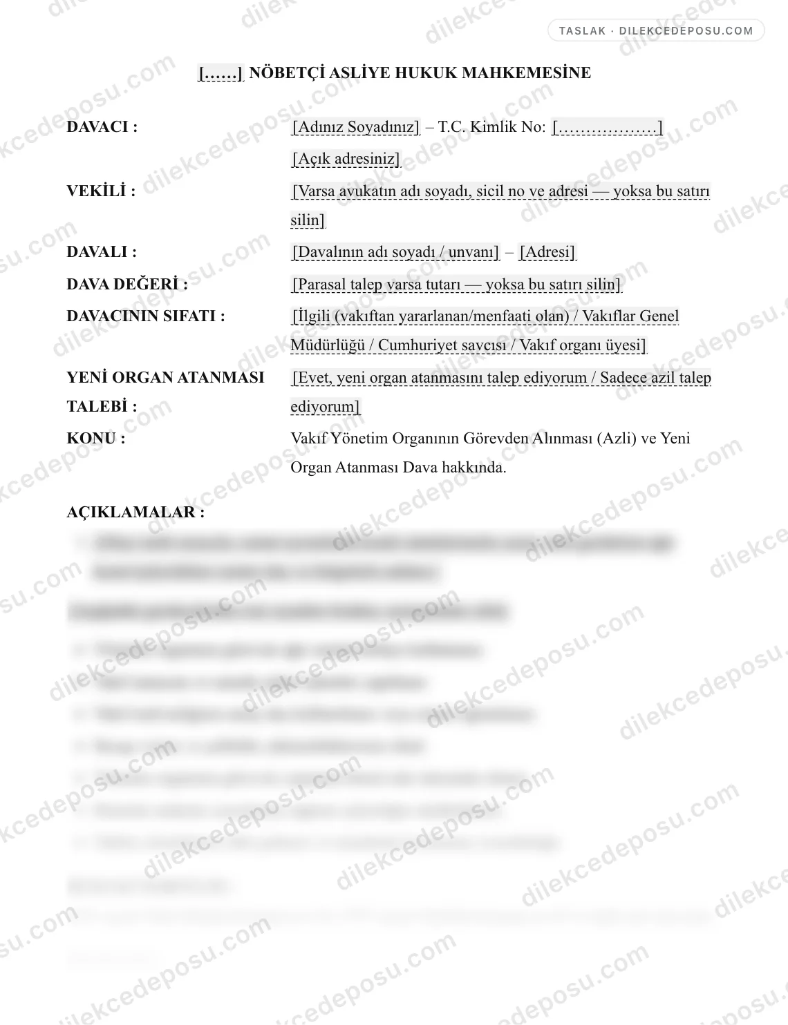 Vakıf Yönetim Organının Görevden Alınması (Azli) ve Yeni Organ Atanması Dava Dilekçesi Örneği – taslağın ilk bölümünün önizlemesi