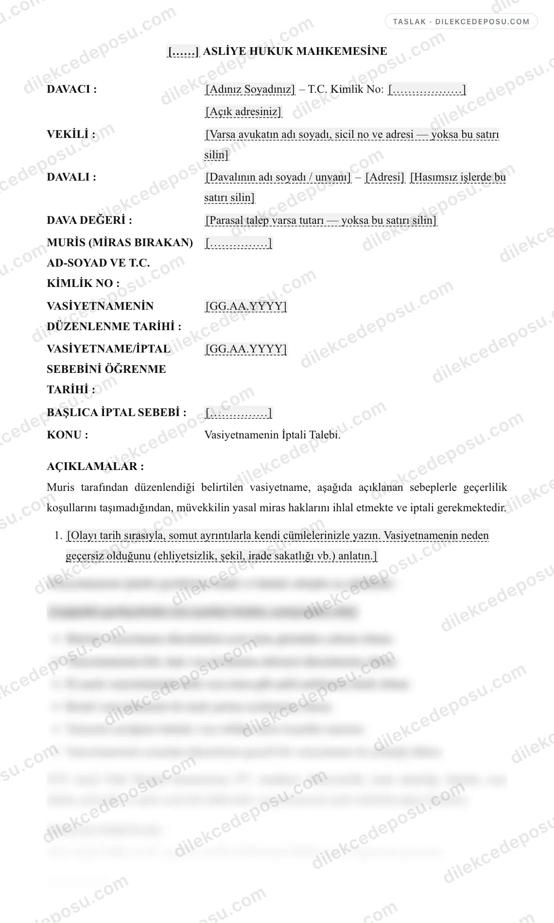 Vasiyetnamenin İptali Davası Örneği – taslağın ilk bölümünün önizlemesi