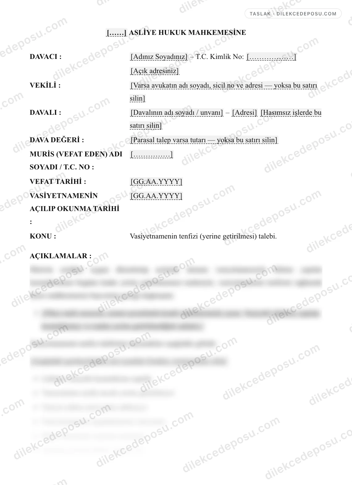 Vasiyetnamenin Tenfizi (Yerine Getirilmesi) Davası Örneği – taslağın ilk bölümünün önizlemesi