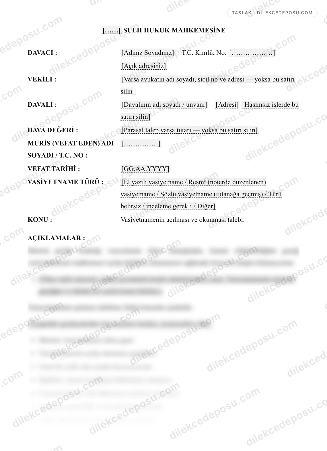Vasiyetnameyi Açma Talebi Örneği – taslağın ilk bölümünün önizlemesi
