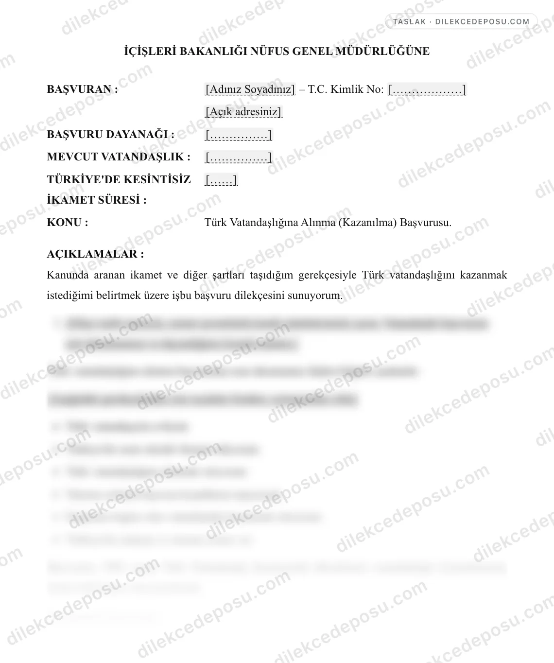 Vatandaşlık Başvuru Dilekçesi Örneği – taslağın ilk bölümünün önizlemesi