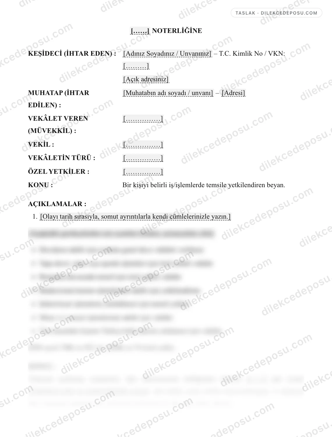 Vekâletname Taslağı Örneği – taslağın ilk bölümünün önizlemesi
