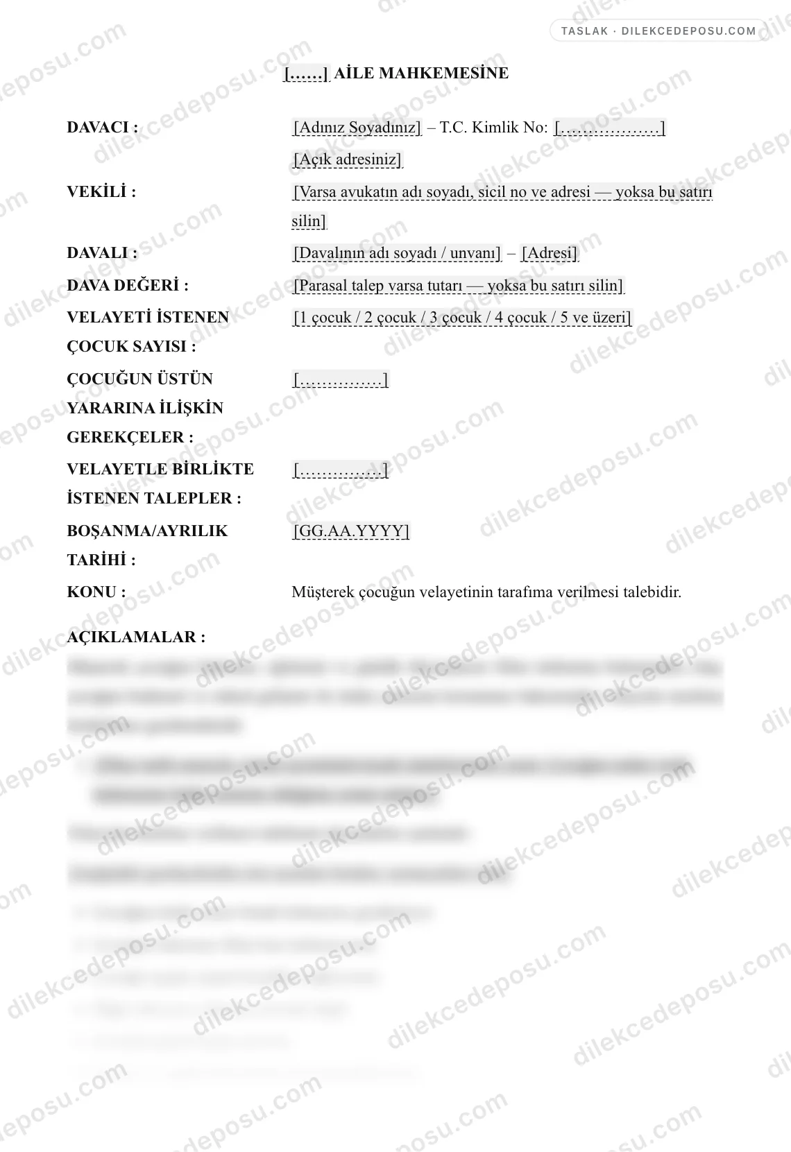 Velayet Davası Dilekçesi Örneği – taslağın ilk bölümünün önizlemesi
