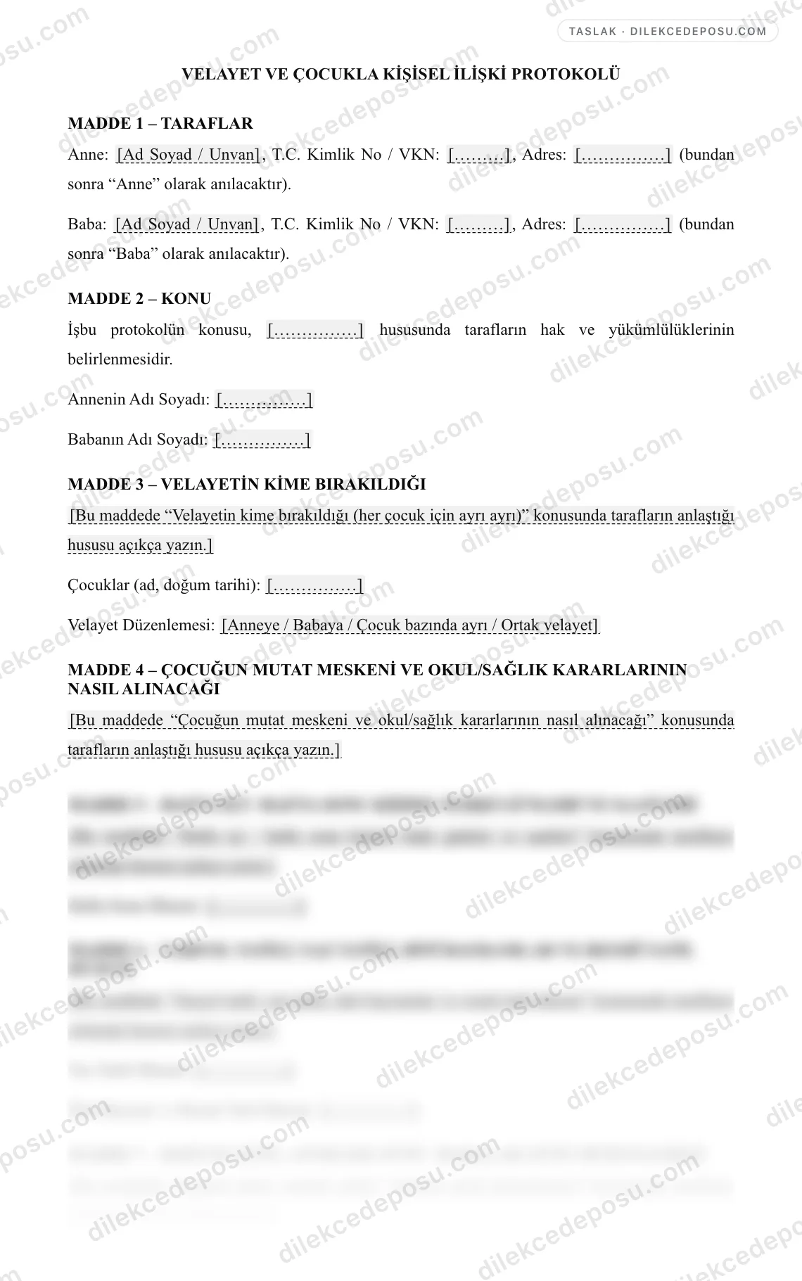 Velayet ve Çocukla Kişisel İlişki Protokolü Örneği – taslağın ilk bölümünün önizlemesi