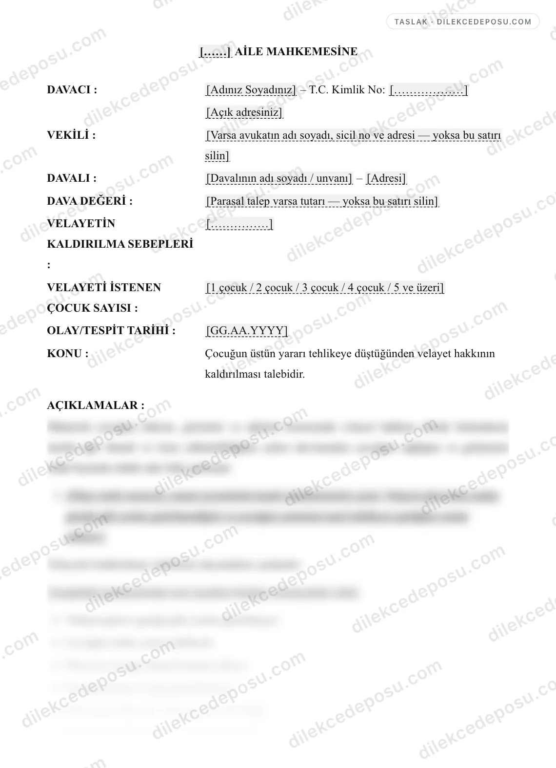 Velayetin Kaldırılması Davası Örneği – taslağın ilk bölümünün önizlemesi