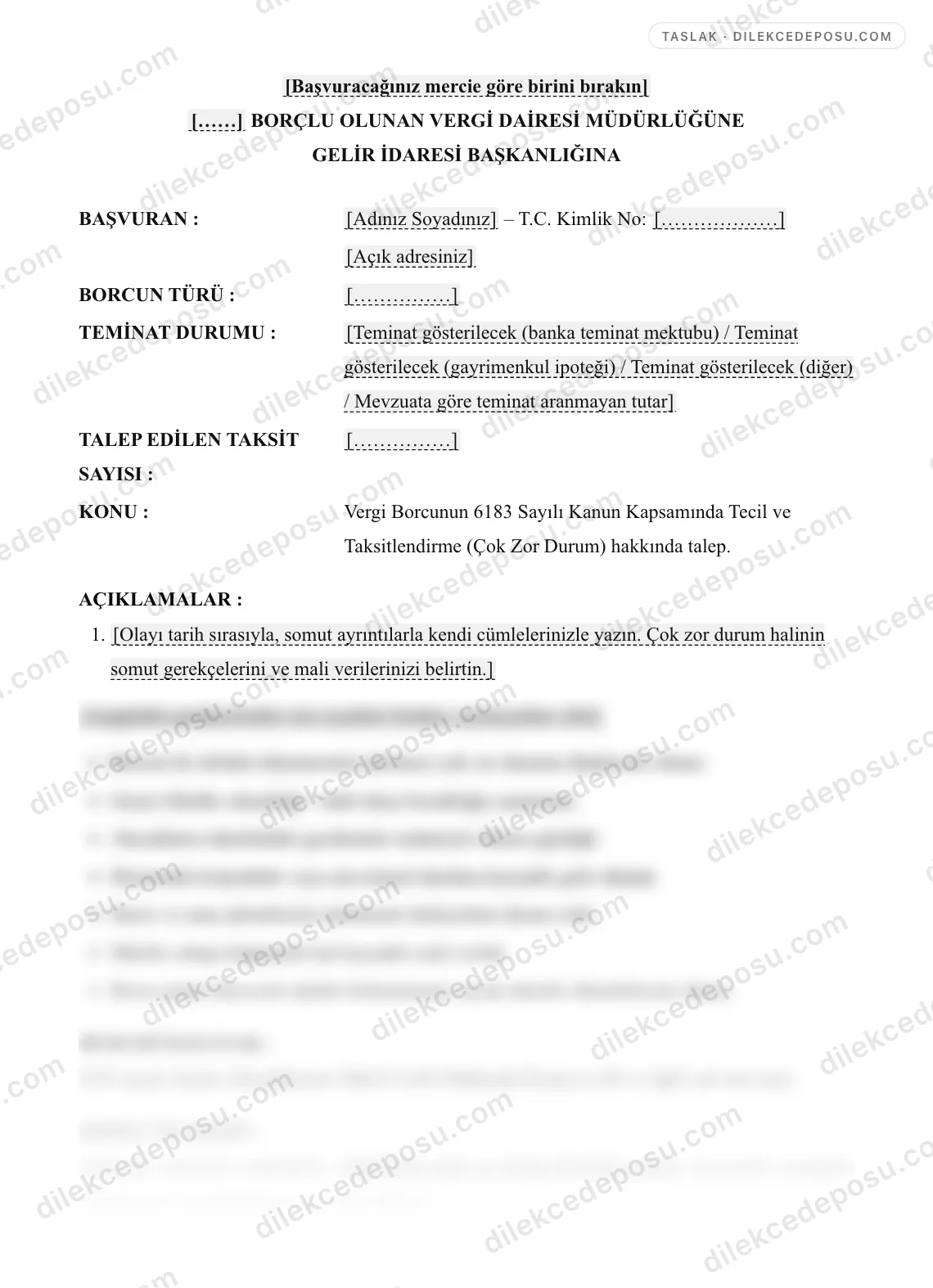 Vergi Borcunun 6183 Sayılı Kanun Kapsamında Tecil ve Taksitlendirme (Çok Zor Durum) Talep Dilekçesi Örneği – taslağın ilk bölümünün önizlemesi