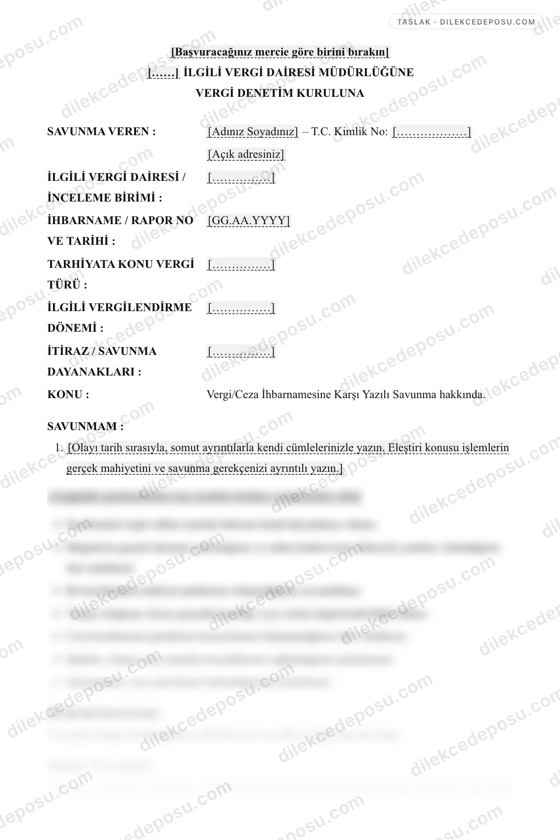 Vergi/Ceza İhbarnamesine Karşı Yazılı Savunma (İnceleme Aşaması) Örneği – taslağın ilk bölümünün önizlemesi