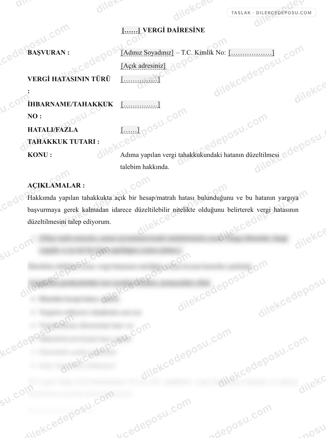 Vergi Düzeltme Talebi (VUK m.116-126) Örneği – taslağın ilk bölümünün önizlemesi