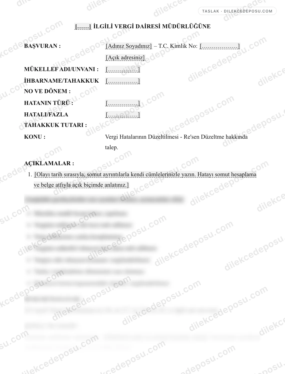 Vergi Hatalarının Düzeltilmesi - Re'sen Düzeltme Talep Dilekçesi (İdareye) Örneği – taslağın ilk bölümünün önizlemesi