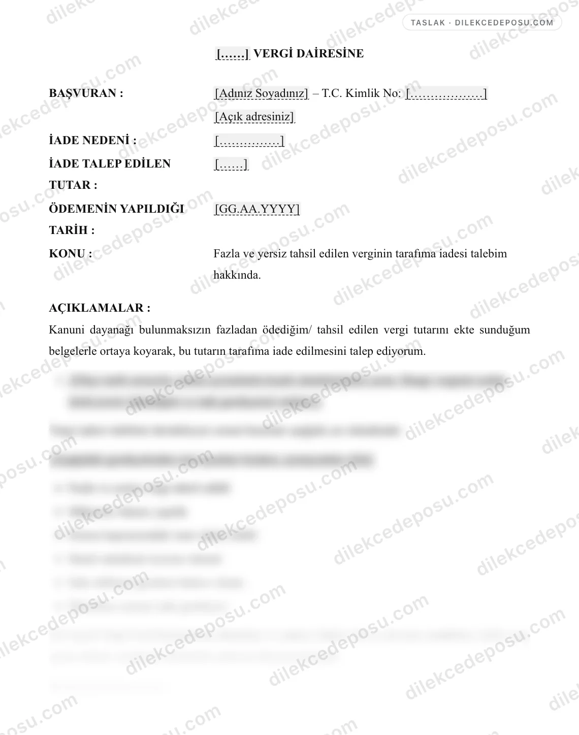 Vergi İadesi Talep Dilekçesi Örneği – taslağın ilk bölümünün önizlemesi