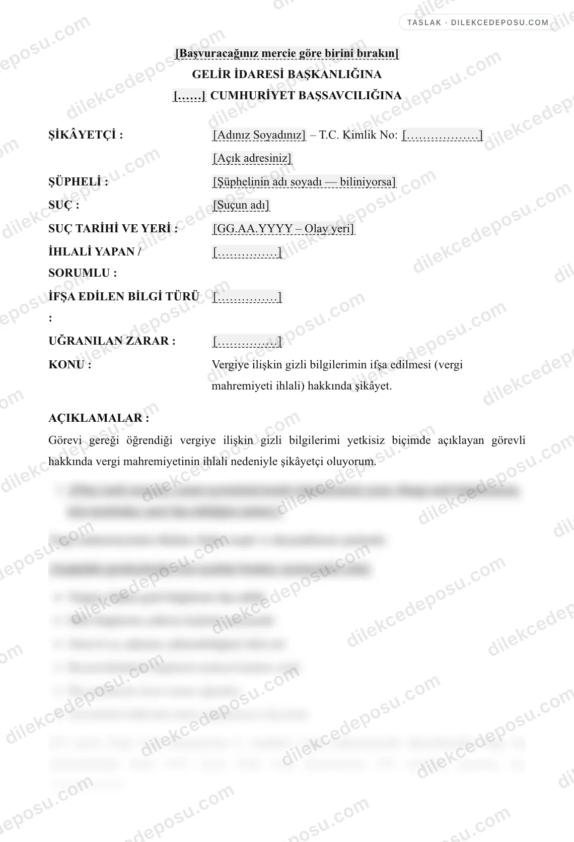 Vergi Mahremiyeti İhlali Şikayet Dilekçesi Örneği – taslağın ilk bölümünün önizlemesi