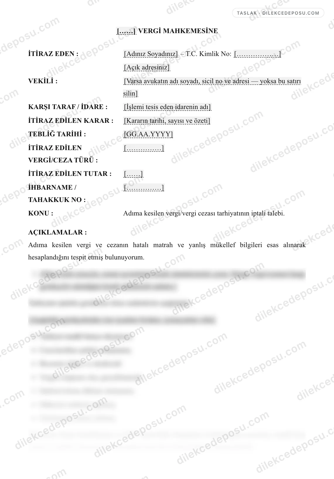 Vergi ve Vergi Cezasına İtiraz Dilekçesi Örneği – taslağın ilk bölümünün önizlemesi