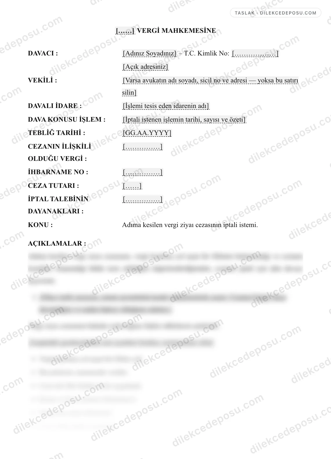 Vergi Ziyaı Cezasına Karşı Dava Dilekçesi Örneği – taslağın ilk bölümünün önizlemesi