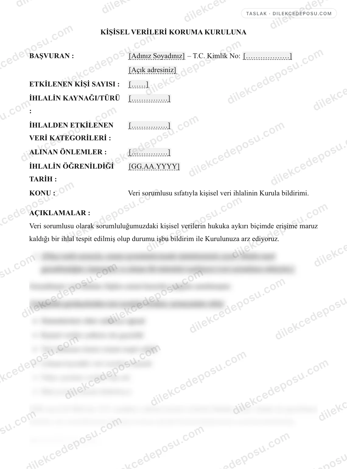 Veri İhlali Bildirimi (Veri Sorumlusundan Kurula) Örneği – taslağın ilk bölümünün önizlemesi