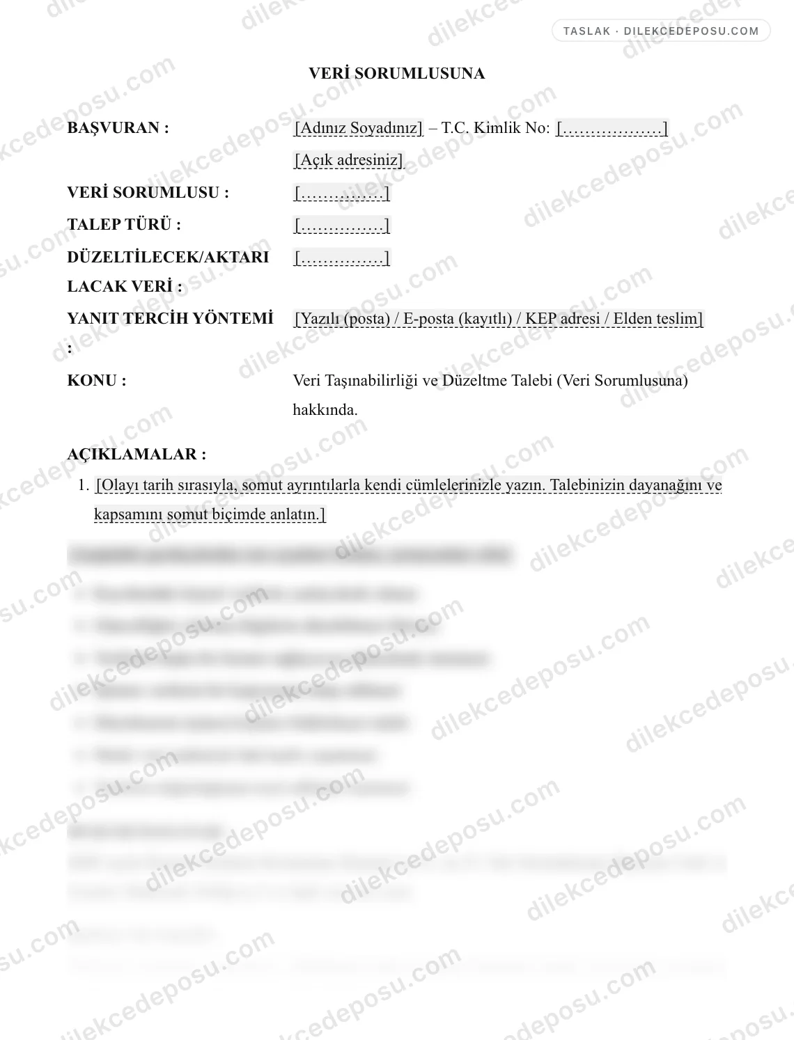 Veri Taşınabilirliği ve Düzeltme Talebi (Veri Sorumlusuna) Dilekçesi Örneği – taslağın ilk bölümünün önizlemesi