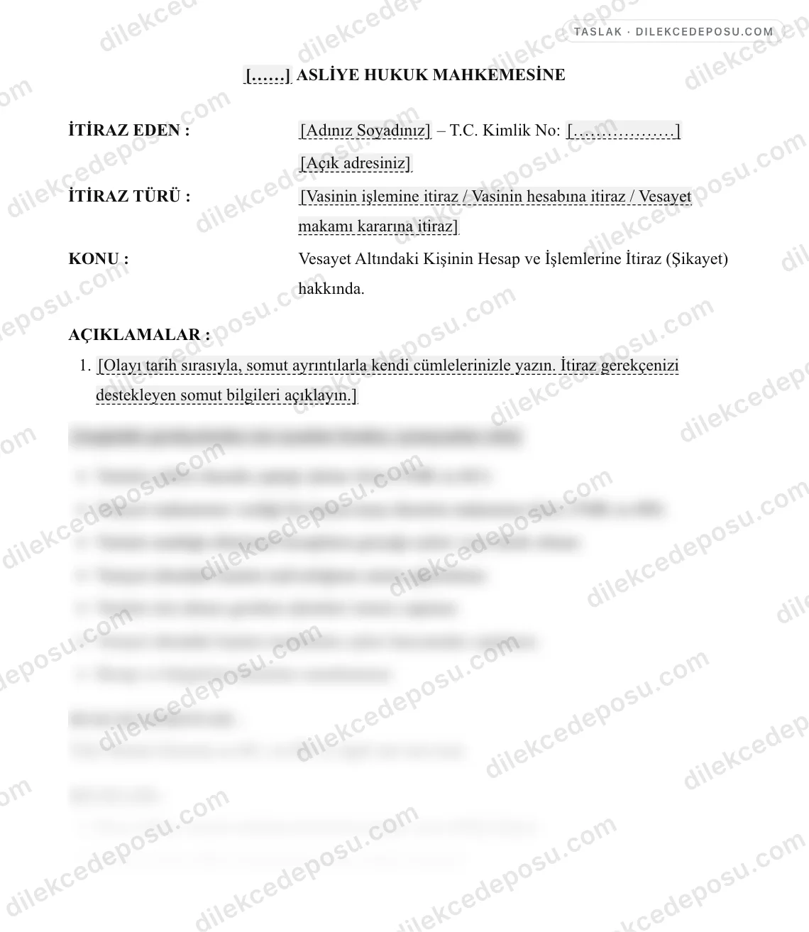 Vesayet Altındaki Kişinin Hesap ve İşlemlerine İtiraz (Şikayet) Dilekçesi Örneği – taslağın ilk bölümünün önizlemesi