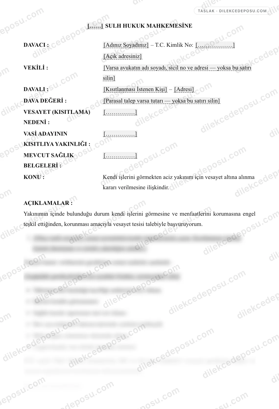 Vesayet Davası Dilekçesi Örneği – taslağın ilk bölümünün önizlemesi