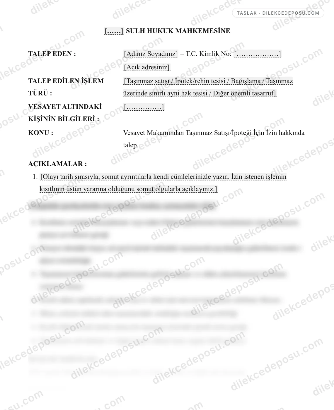 Vesayet Makamından Taşınmaz Satışı/İpoteği İçin İzin Talebi Dilekçesi Örneği – taslağın ilk bölümünün önizlemesi
