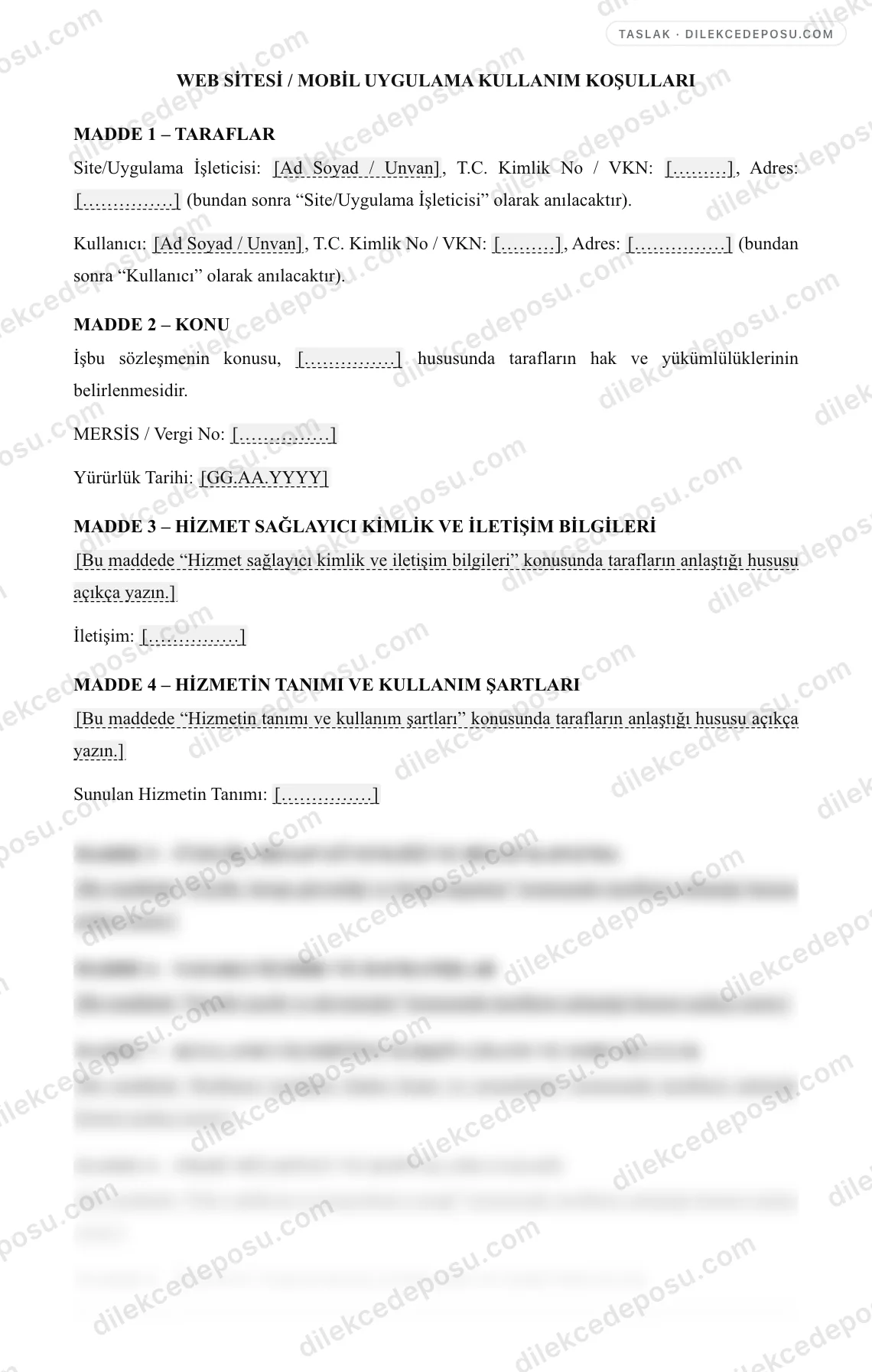 Web Sitesi / Mobil Uygulama Kullanım Koşulları Örneği – taslağın ilk bölümünün önizlemesi
