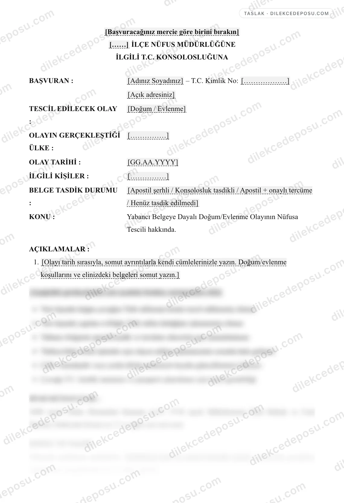 Yabancı Belgeye Dayalı Doğum/Evlenme Olayının Nüfusa Tescili Dilekçesi Örneği – taslağın ilk bölümünün önizlemesi